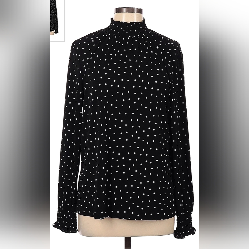 Adrianna Papell Black & White Polka Dot Long Sleeve Highneck Blouse Large